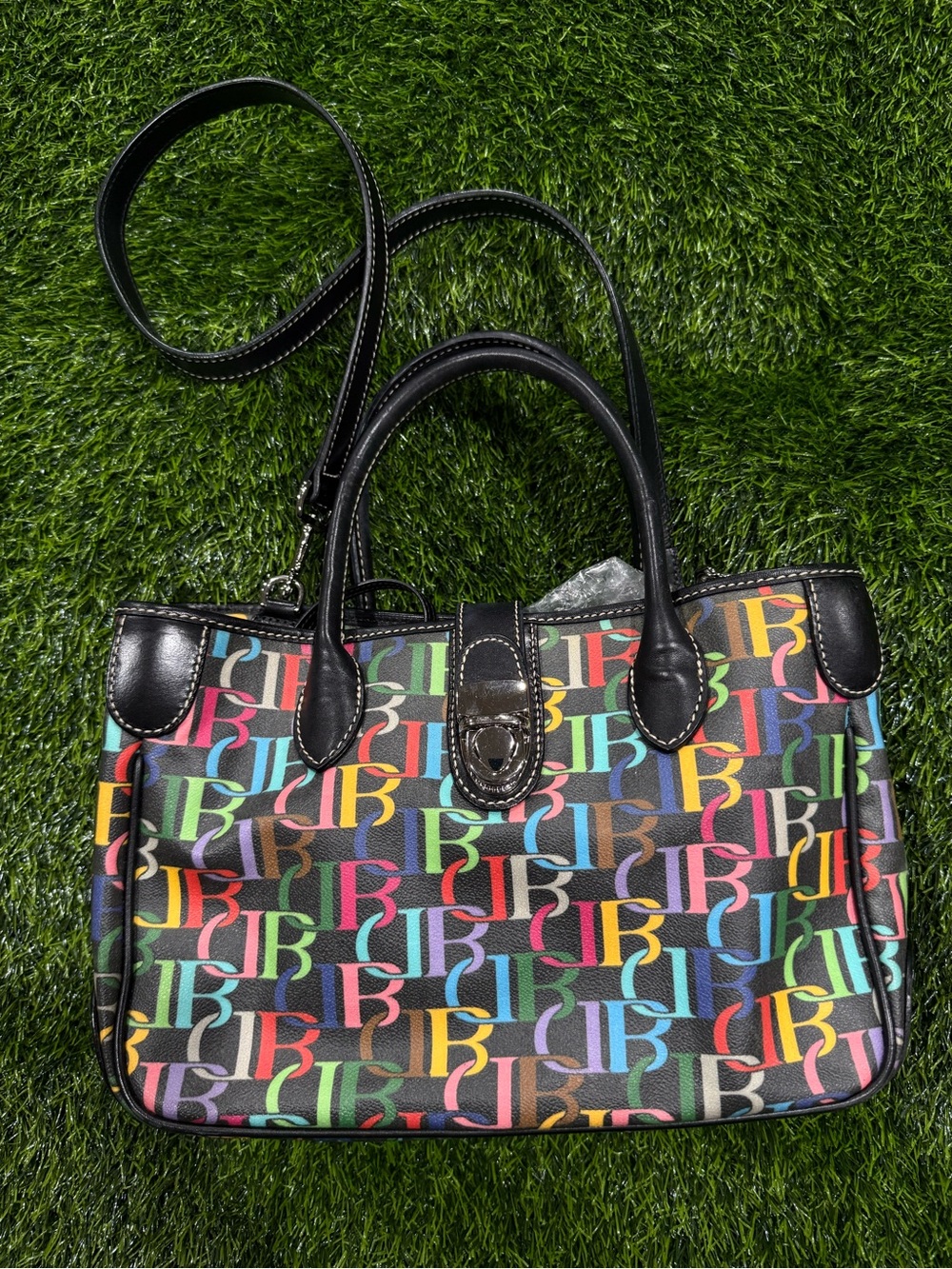 Vintage Dooney & Bourke Rainbow Monogram Tote Bag Black Leather Trim Y2K DB75
